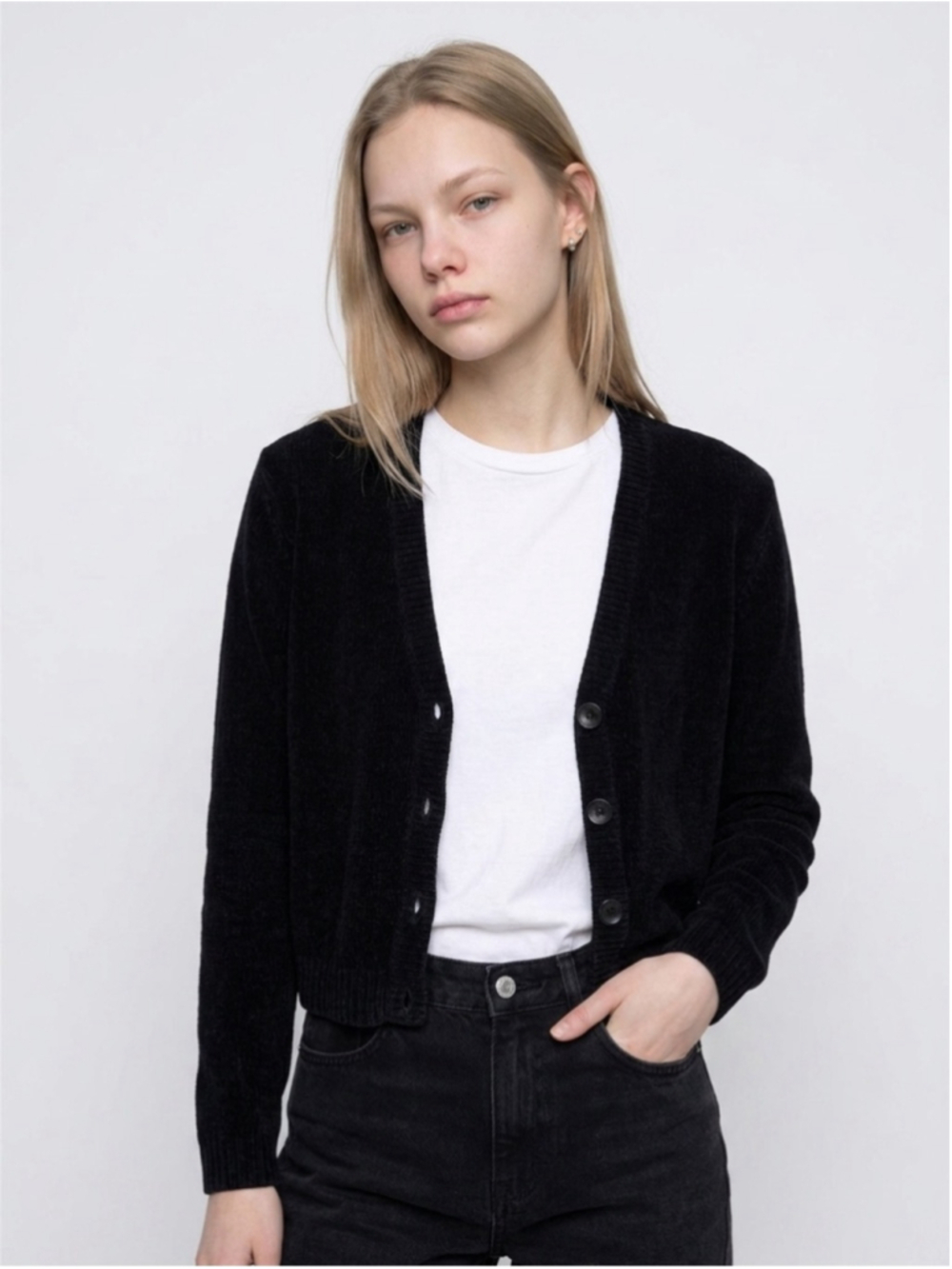 90s Jay Jacobs Black Button-Front Chenille Cardigan